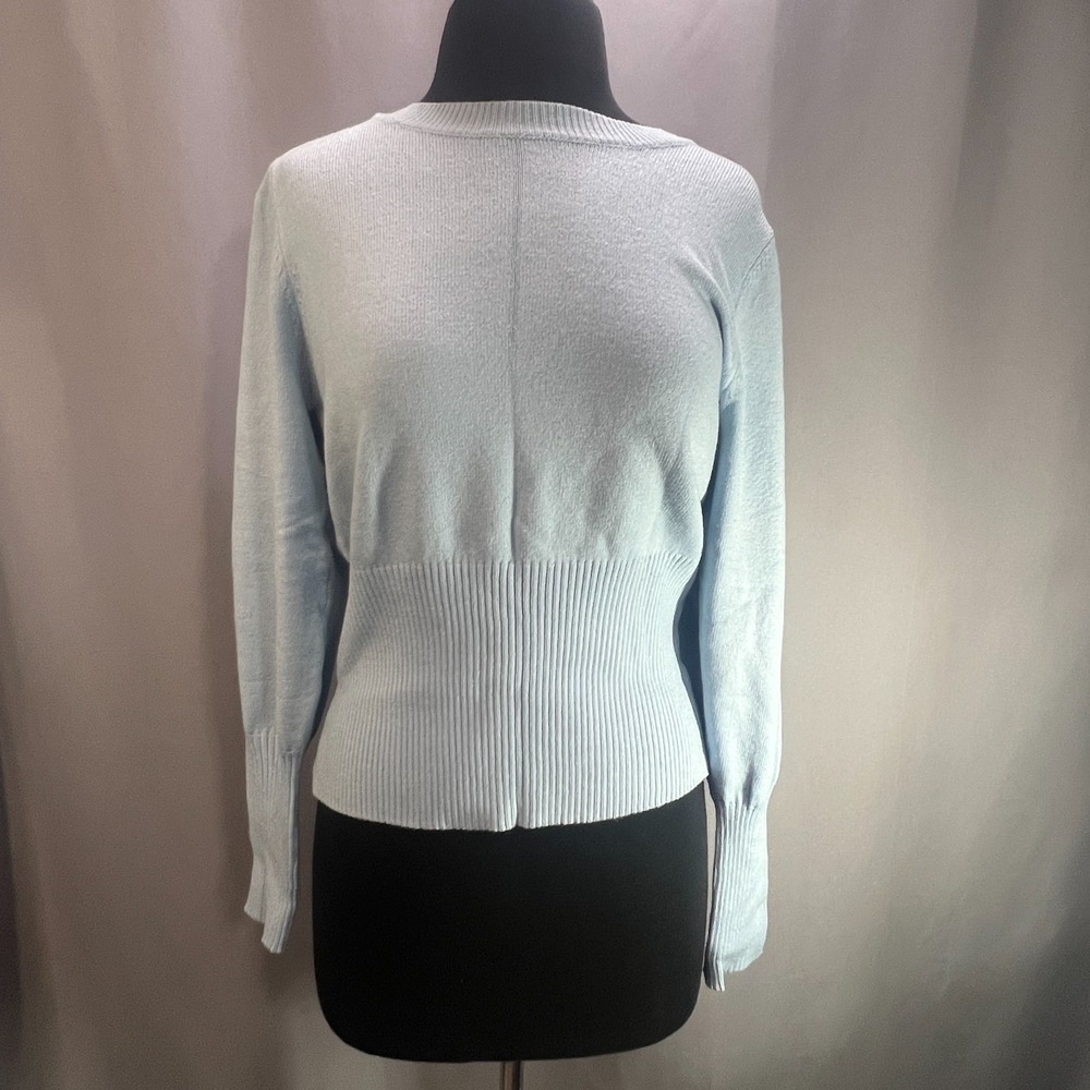 Sugar + L!pS Sweater Womens Medium Light Blue Ribbed Knit Puff Sleeve Cropped